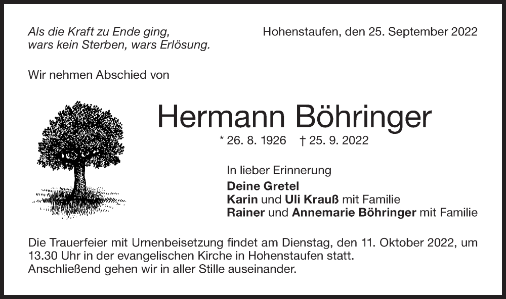 Traueranzeige für Hermann Böhringer vom 04.10.2022 aus NWZ Neue Württembergische Zeitung