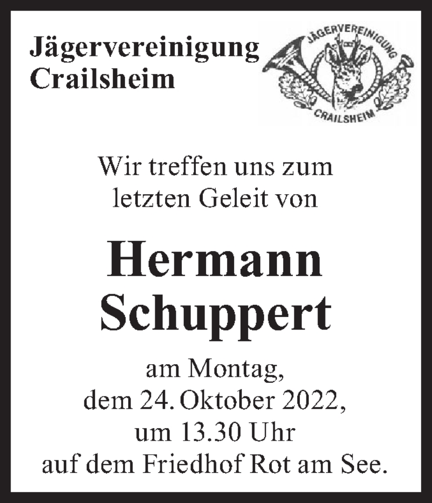  Traueranzeige für Hermann Schuppert vom 21.10.2022 aus Hohenloher Tagblatt