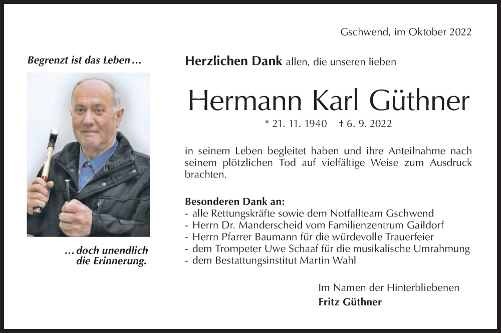  Traueranzeige für Hermann Karl Güthner vom 08.10.2022 aus Rundschau Gaildorf