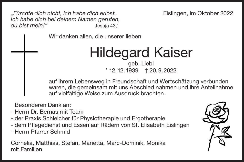  Traueranzeige für Hildegard Kaiser vom 08.10.2022 aus NWZ Neue Württembergische Zeitung