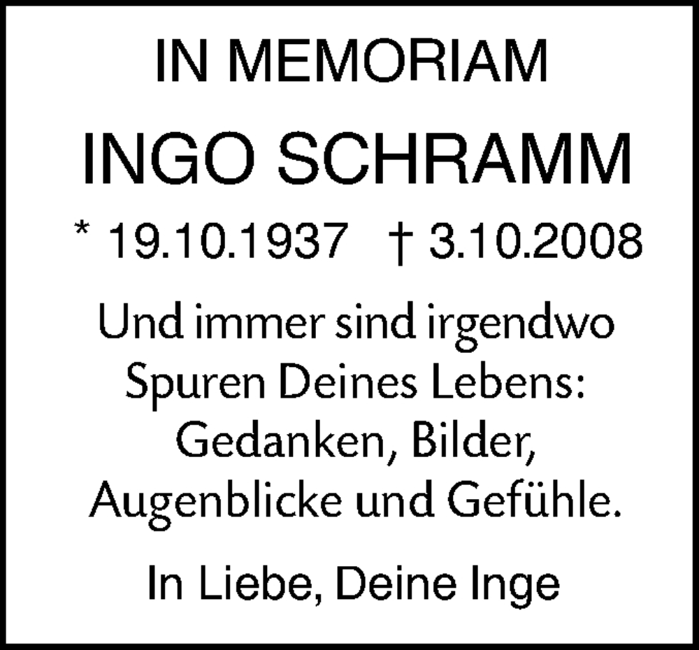  Traueranzeige für Ingo Schramm vom 04.10.2022 aus Ehinger Tagblatt