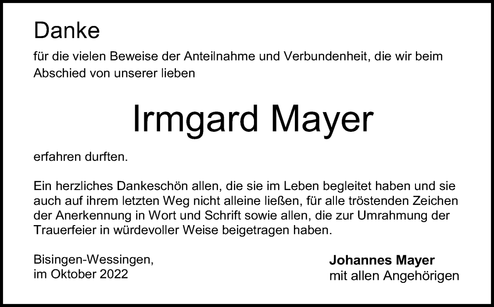  Traueranzeige für Irmgard Mayer vom 26.10.2022 aus Metzinger-Uracher Volksblatt