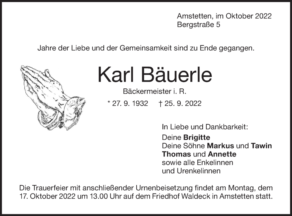  Traueranzeige für Karl Bäuerle vom 04.10.2022 aus Geislinger Zeitung
