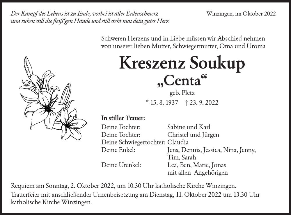  Traueranzeige für Kreszenz Soukup vom 04.10.2022 aus NWZ Neue Württembergische Zeitung