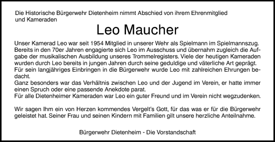 Traueranzeige von Leo Maucher von SÜDWEST PRESSE Ausgabe Ulm/Neu-Ulm