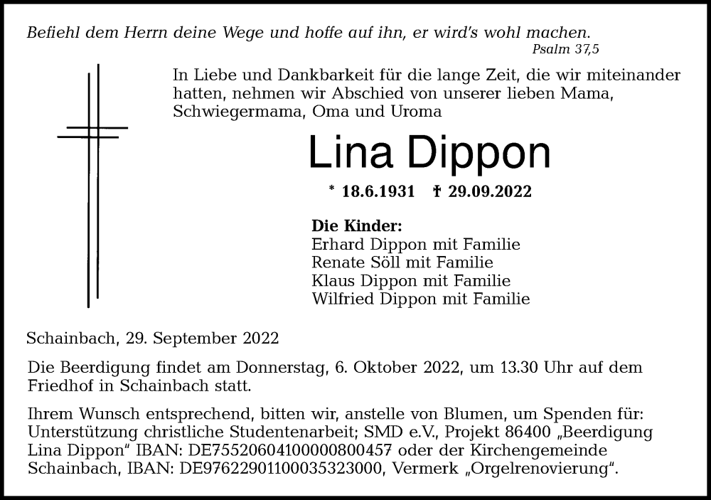  Traueranzeige für Lina Dippon vom 04.10.2022 aus Hohenloher Tagblatt