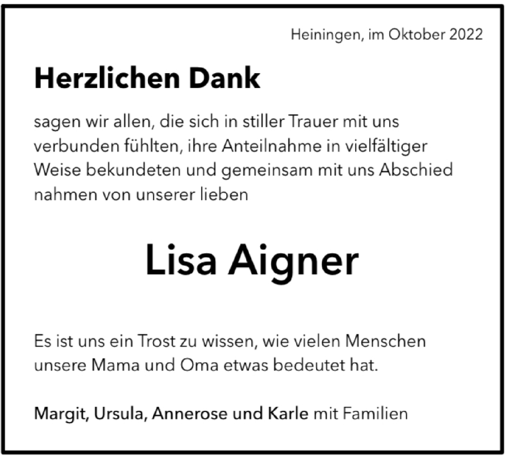  Traueranzeige für Lisa Aigner vom 08.10.2022 aus NWZ Neue Württembergische Zeitung