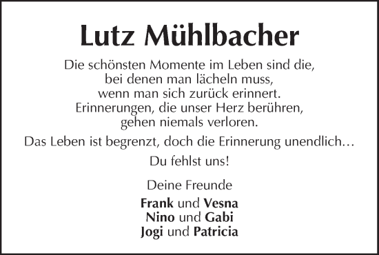 Traueranzeige von Lutz Mühlbacher von NWZ Neue Württembergische Zeitung