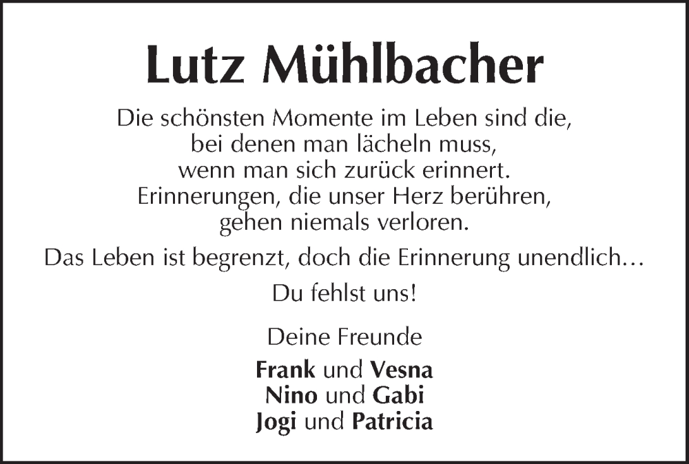  Traueranzeige für Lutz Mühlbacher vom 04.10.2022 aus NWZ Neue Württembergische Zeitung