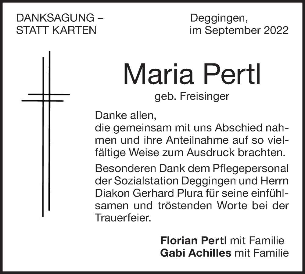  Traueranzeige für Maria Pertl vom 08.10.2022 aus Geislinger Zeitung