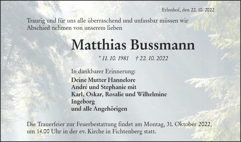 Traueranzeige für Matthias Bussmann vom 28.10.2022 aus Rundschau Gaildorf