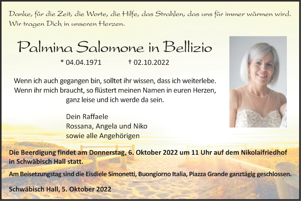  Traueranzeige für Palmina Salomone in Bellizio vom 05.10.2022 aus Haller Tagblatt