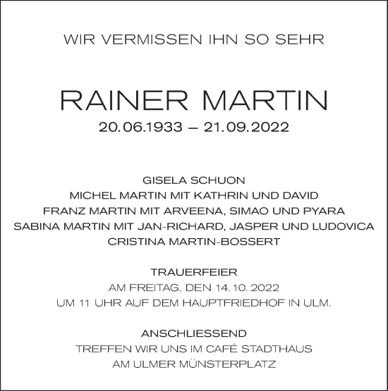 Traueranzeige von Rainer Martin von SÜDWEST PRESSE Ausgabe Ulm/Neu-Ulm