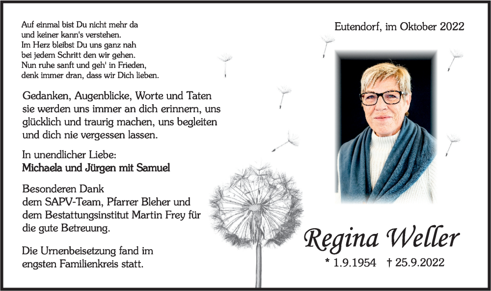  Traueranzeige für Regina Weller vom 05.10.2022 aus Rundschau Gaildorf