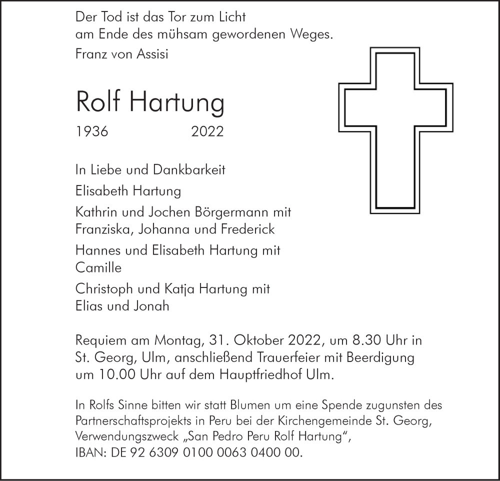  Traueranzeige für Rolf Hartung vom 22.10.2022 aus SÜDWEST PRESSE Ausgabe Ulm/Neu-Ulm