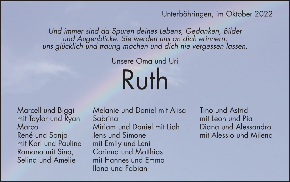  Traueranzeige für Ruth  vom 21.10.2022 aus Geislinger Zeitung