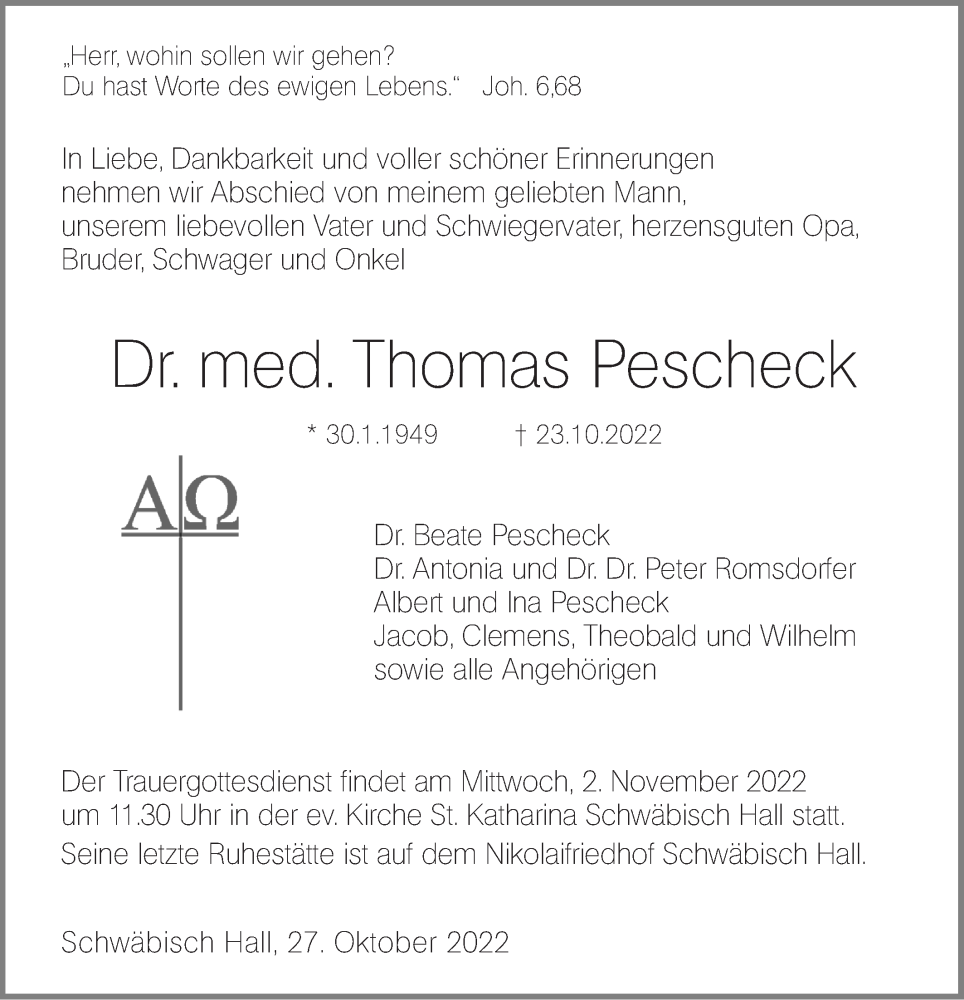  Traueranzeige für Thomas Pescheck vom 27.10.2022 aus Haller Tagblatt