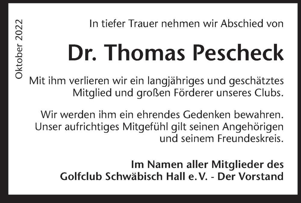  Traueranzeige für Thomas Pescheck vom 29.10.2022 aus Haller Tagblatt