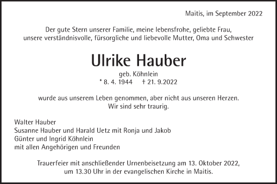 Traueranzeige von Ulrike Hauber von NWZ Neue Württembergische Zeitung