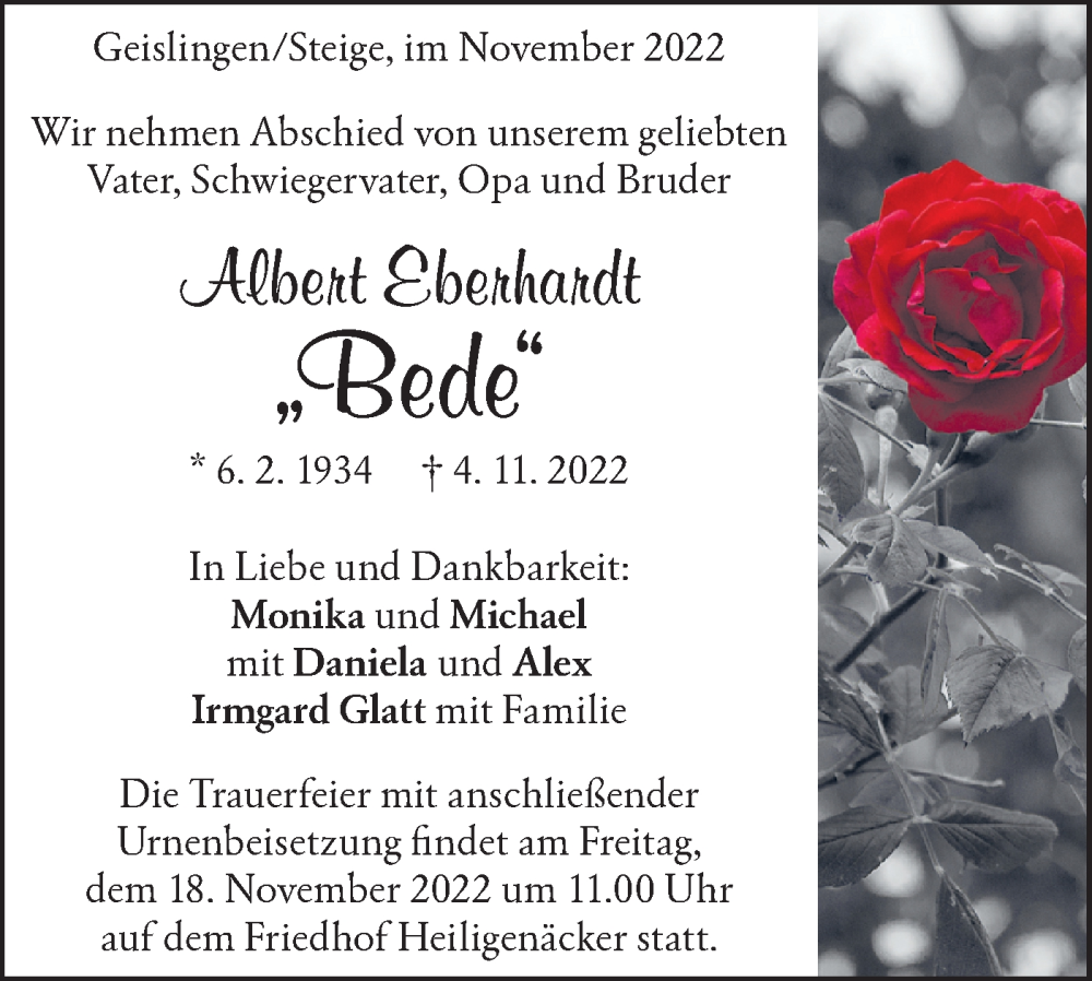 Traueranzeige für Albert Eberhardt vom 12.11.2022 aus Geislinger Zeitung