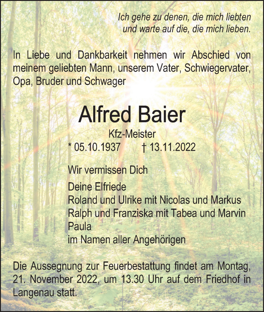  Traueranzeige für Alfred Baier vom 17.11.2022 aus SÜDWEST PRESSE Ausgabe Ulm/Neu-Ulm