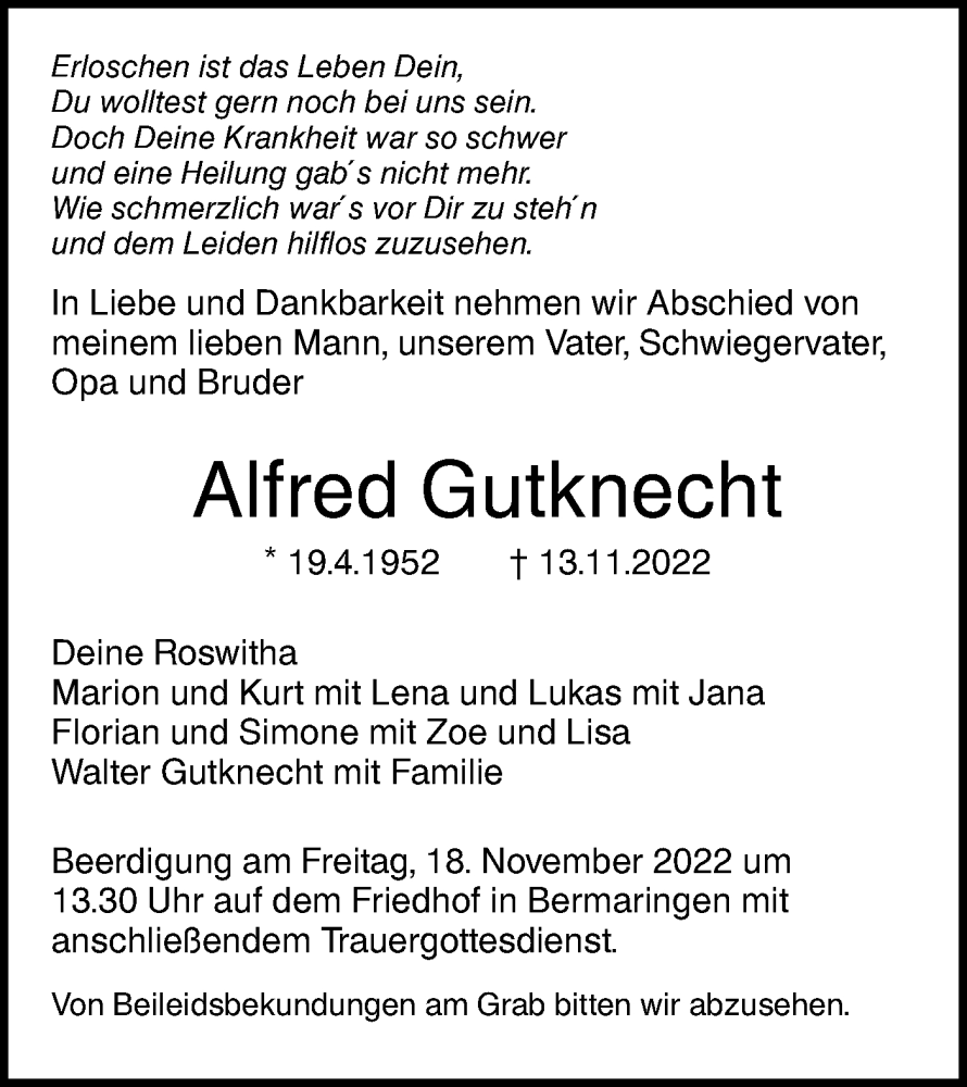  Traueranzeige für Alfred Gutknecht vom 16.11.2022 aus SÜDWEST PRESSE Ausgabe Ulm/Neu-Ulm