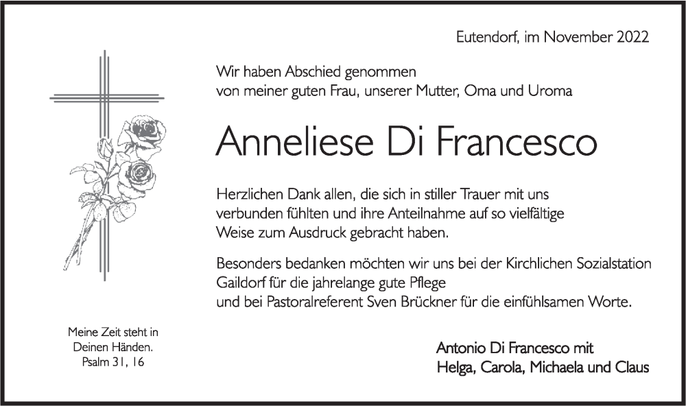  Traueranzeige für Anneliese Di Francesco vom 12.11.2022 aus Rundschau Gaildorf