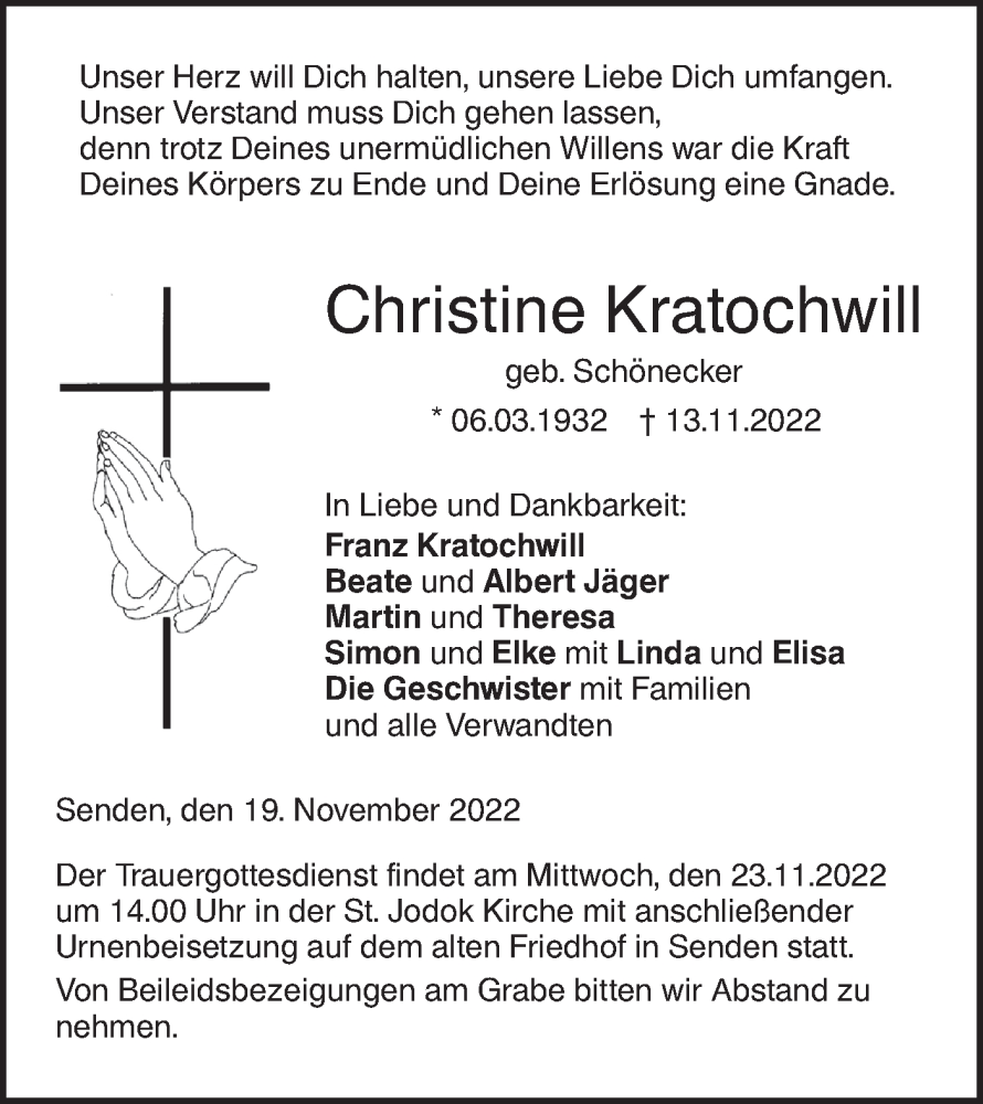  Traueranzeige für Christine Kratochwill vom 19.11.2022 aus SÜDWEST PRESSE Ausgabe Ulm/Neu-Ulm