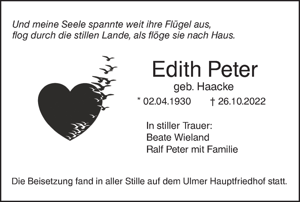  Traueranzeige für Edith Peter vom 24.11.2022 aus SÜDWEST PRESSE Ausgabe Ulm/Neu-Ulm