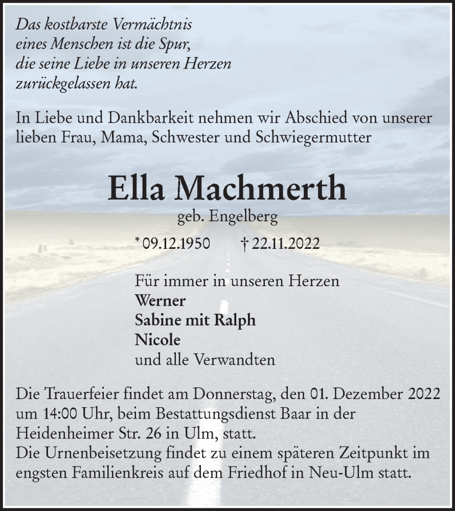 Traueranzeige für Ella Machmerth vom 29.11.2022 aus SÜDWEST PRESSE Ausgabe Ulm/Neu-Ulm