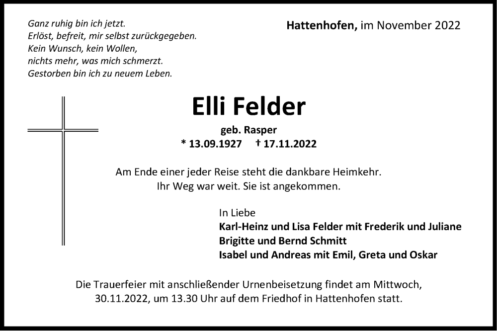  Traueranzeige für Elli Felder vom 23.11.2022 aus NWZ Neue Württembergische Zeitung