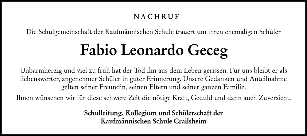  Traueranzeige für Fabio Leonardo Geceg vom 17.11.2022 aus Hohenloher Tagblatt