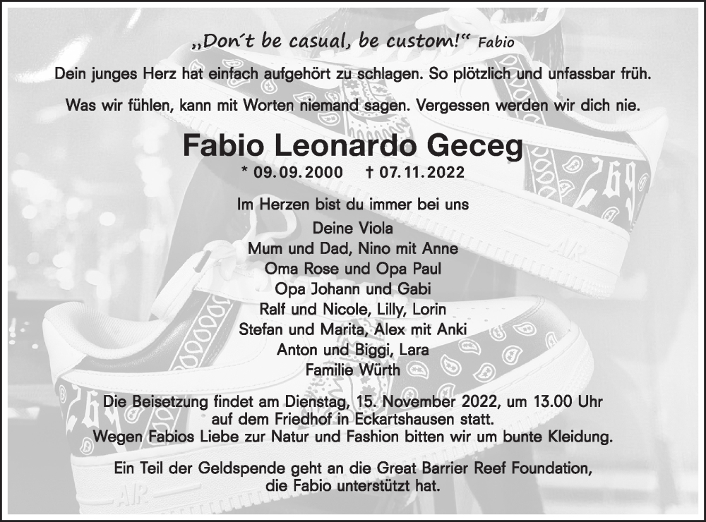  Traueranzeige für Fabio Leonardo Geceg vom 12.11.2022 aus Haller Tagblatt