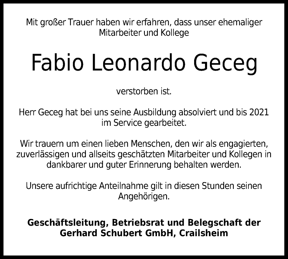  Traueranzeige für Fabio Leonardo Geceg vom 16.11.2022 aus Hohenloher Tagblatt