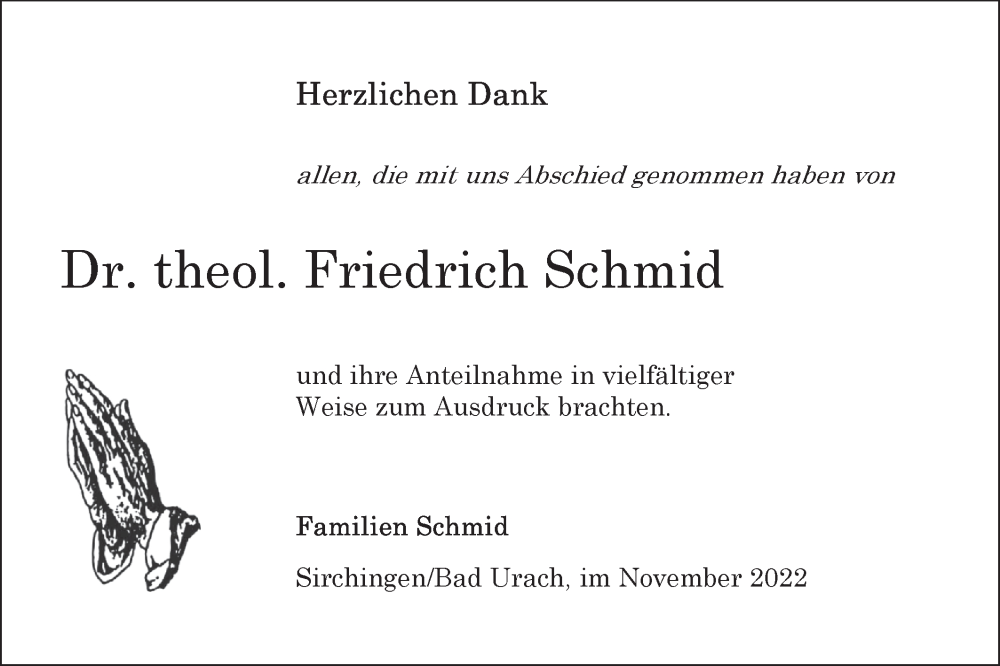  Traueranzeige für Friedrich Schmid vom 24.11.2022 aus Alb-Bote/Metzinger-Uracher Volksblatt