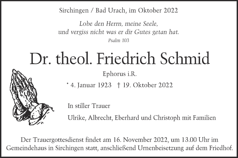 Traueranzeige für Friedrich Schmid vom 05.11.2022 aus Alb-Bote/Metzinger-Uracher Volksblatt