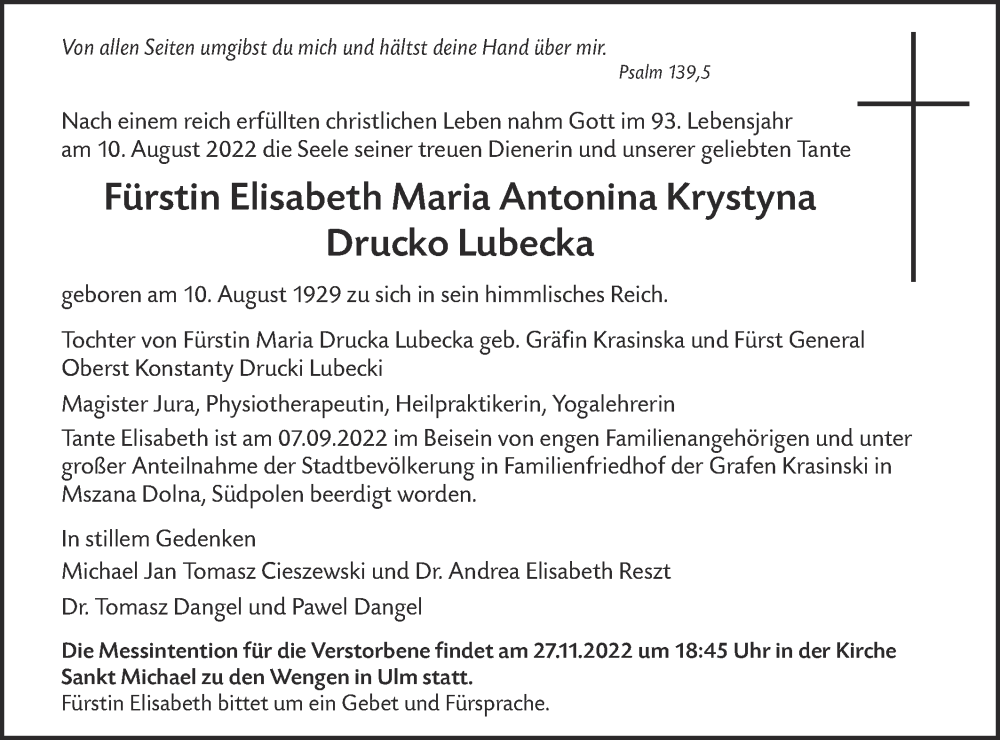  Traueranzeige für Fürstin Elisabeth Maria Antonina Krystina Drucko Lubecka vom 26.11.2022 aus SÜDWEST PRESSE Ausgabe Ulm/Neu-Ulm