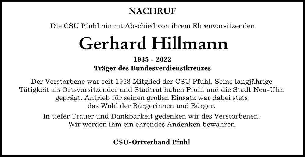  Traueranzeige für Gerhard Hillmann vom 23.11.2022 aus SÜDWEST PRESSE Ausgabe Ulm/Neu-Ulm