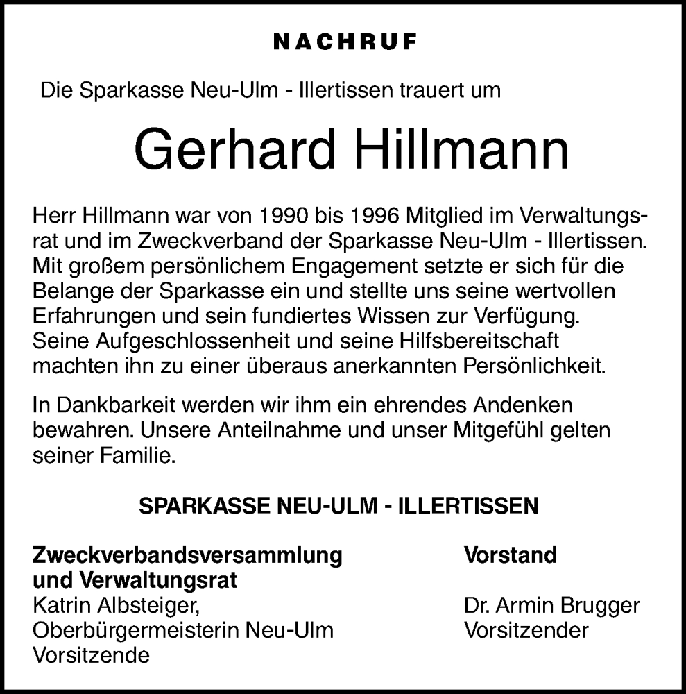  Traueranzeige für Gerhard Hillmann vom 26.11.2022 aus SÜDWEST PRESSE Ausgabe Ulm/Neu-Ulm