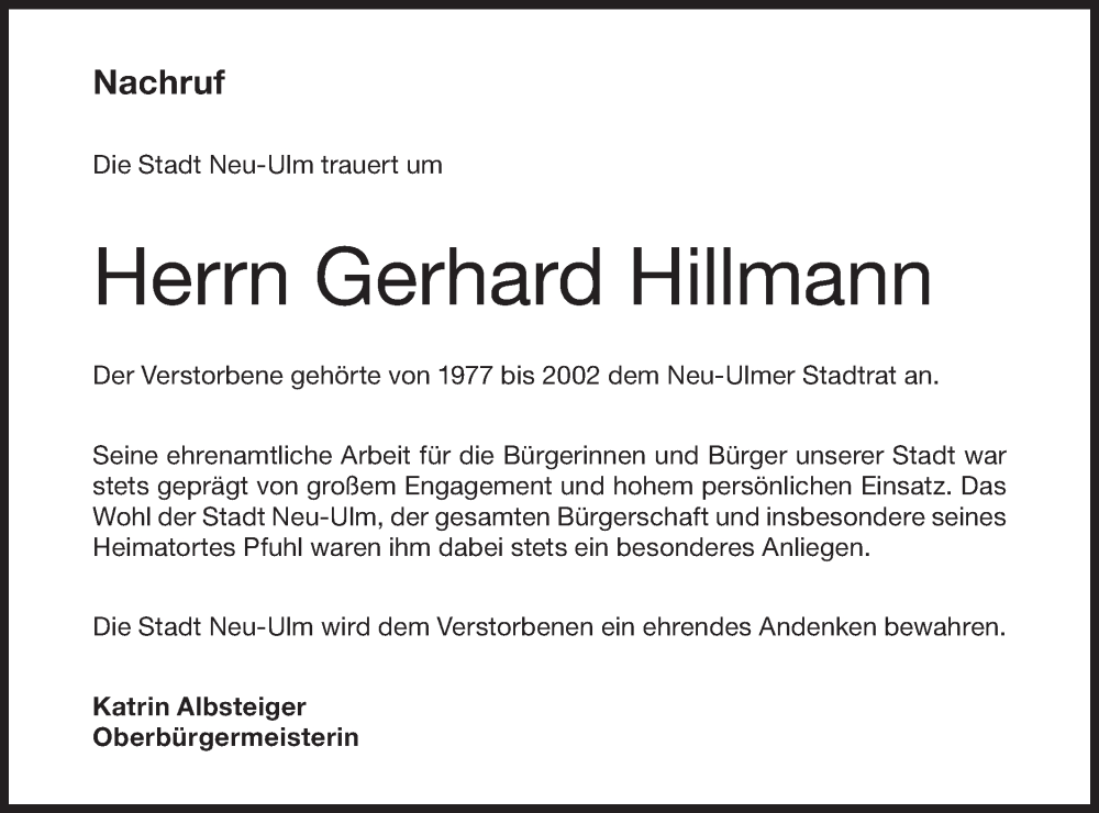  Traueranzeige für Gerhard Hillmann vom 22.11.2022 aus SÜDWEST PRESSE Ausgabe Ulm/Neu-Ulm