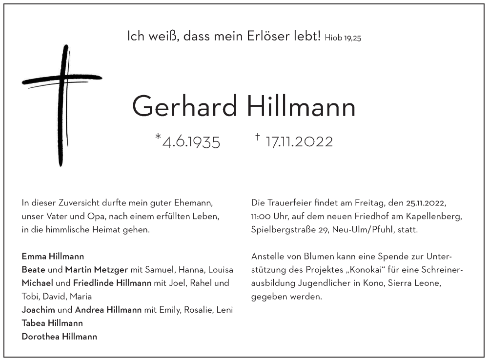  Traueranzeige für Gerhard Hillmann vom 22.11.2022 aus SÜDWEST PRESSE Ausgabe Ulm/Neu-Ulm