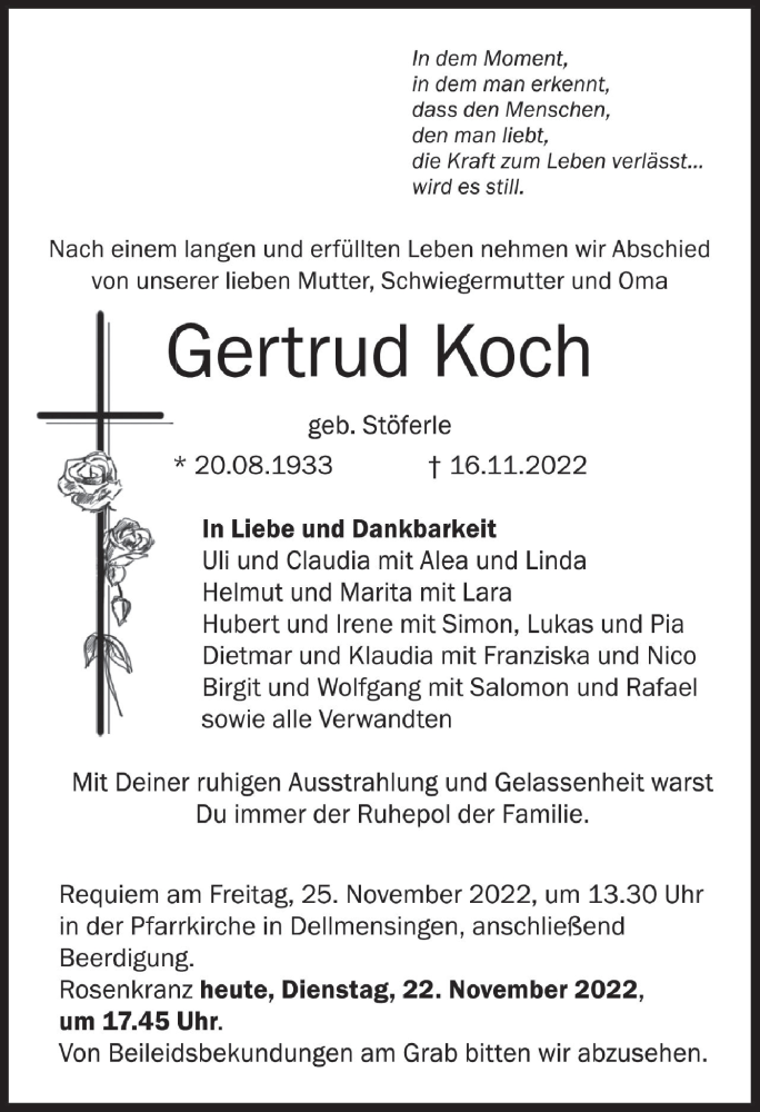  Traueranzeige für Gertrud Koch vom 22.11.2022 aus SÜDWEST PRESSE Ausgabe Ulm/Neu-Ulm