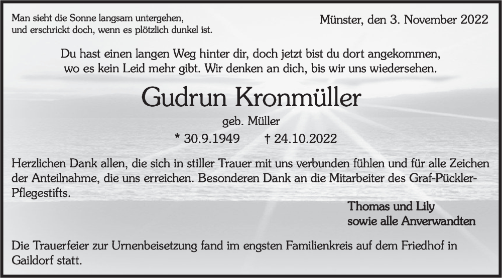  Traueranzeige für Gudrun Kronmüller vom 04.11.2022 aus Rundschau Gaildorf