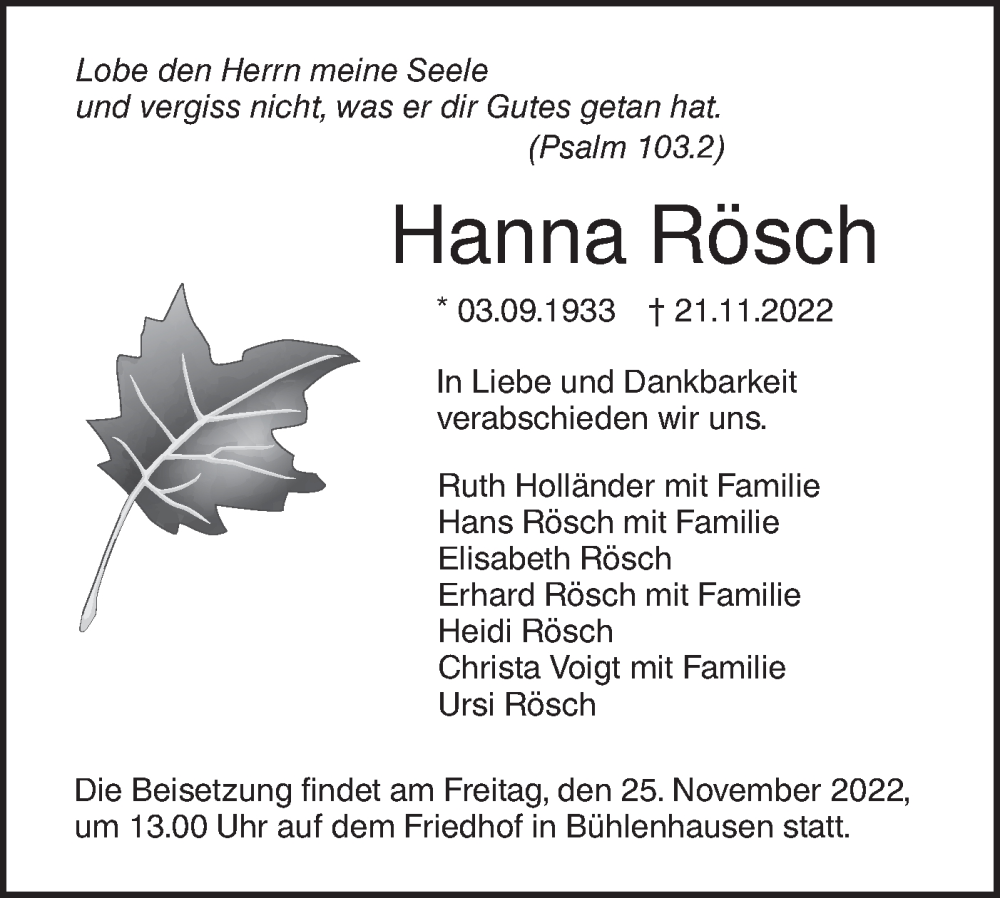  Traueranzeige für Hanna Rösch vom 23.11.2022 aus SÜDWEST PRESSE Ausgabe Ulm/Neu-Ulm