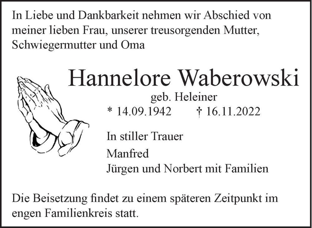  Traueranzeige für Hannelore Waberowski vom 23.11.2022 aus SÜDWEST PRESSE Ausgabe Ulm/Neu-Ulm