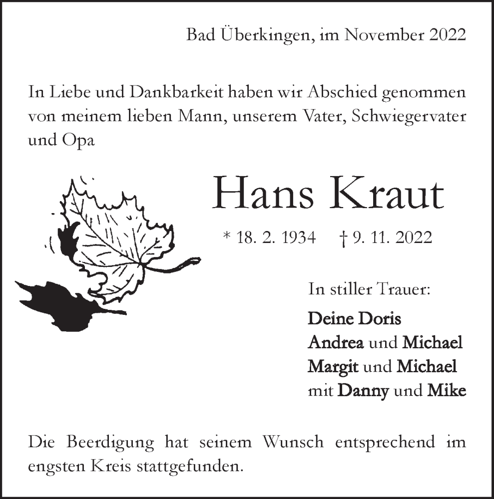  Traueranzeige für Hans Kraut vom 19.11.2022 aus Geislinger Zeitung