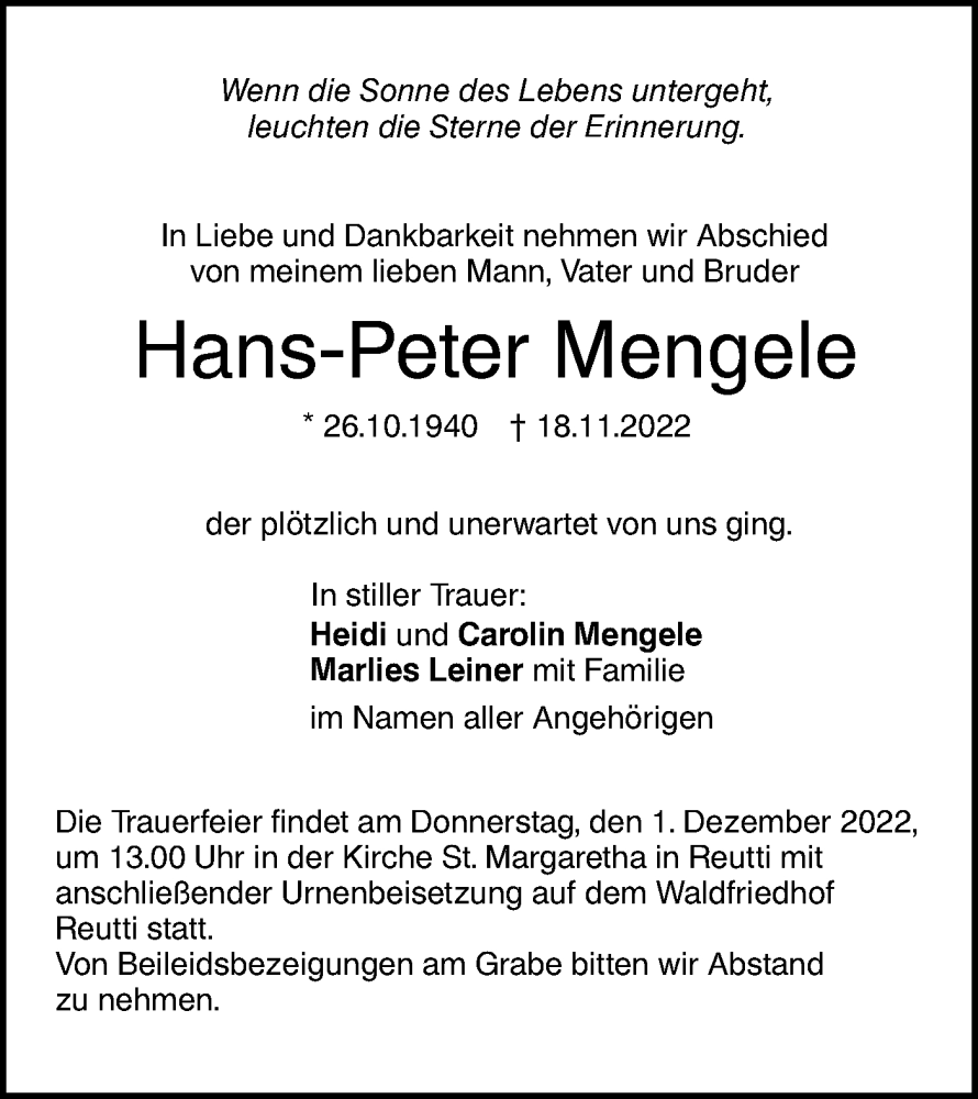  Traueranzeige für Hans-Peter Mengele vom 26.11.2022 aus SÜDWEST PRESSE Ausgabe Ulm/Neu-Ulm
