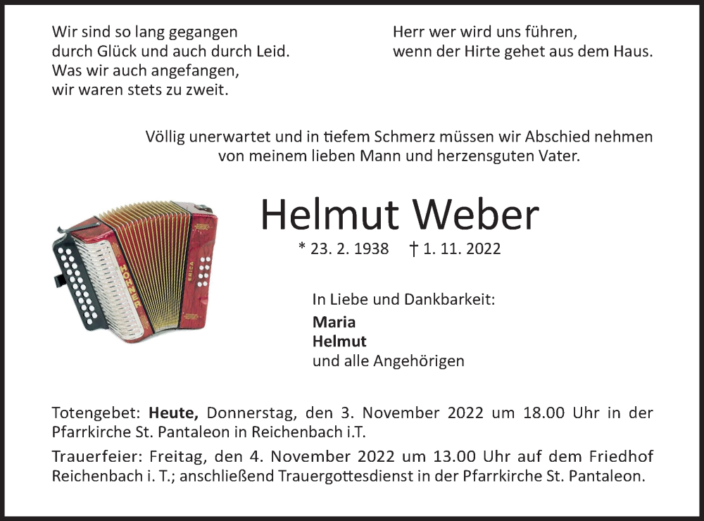  Traueranzeige für Helmut Weber vom 03.11.2022 aus Geislinger Zeitung