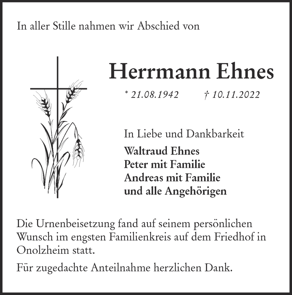  Traueranzeige für Herrmann Ehnes vom 26.11.2022 aus Hohenloher Tagblatt