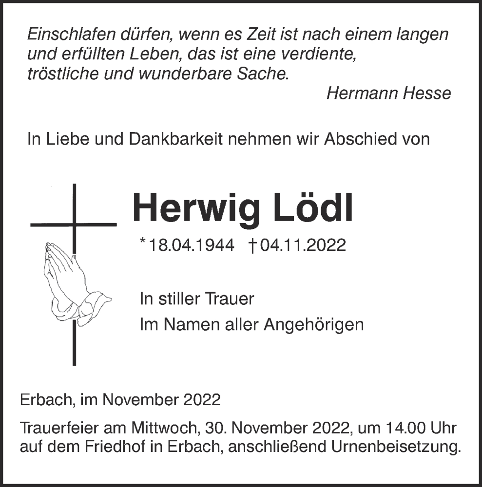  Traueranzeige für Herwig Lödl vom 26.11.2022 aus SÜDWEST PRESSE Ausgabe Ulm/Neu-Ulm
